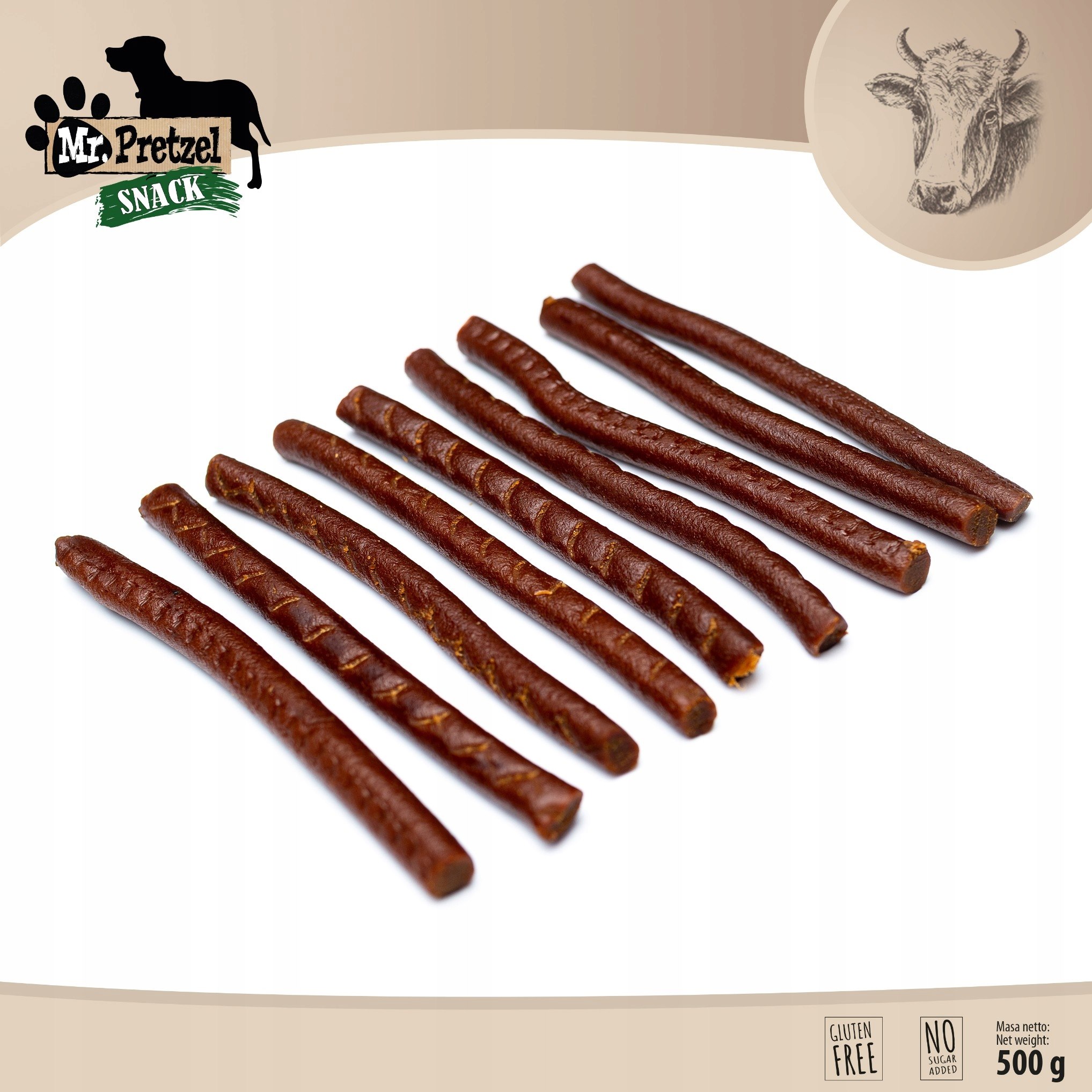 PRZYSMAK DLA PSA - Paluszki z Wołowiny Mr.Pretzel 500g ZDROWE PREMIUM Nazwa handlowa Mr. Pretzel Przysmaki dla psa Paluszki wołowe 500g