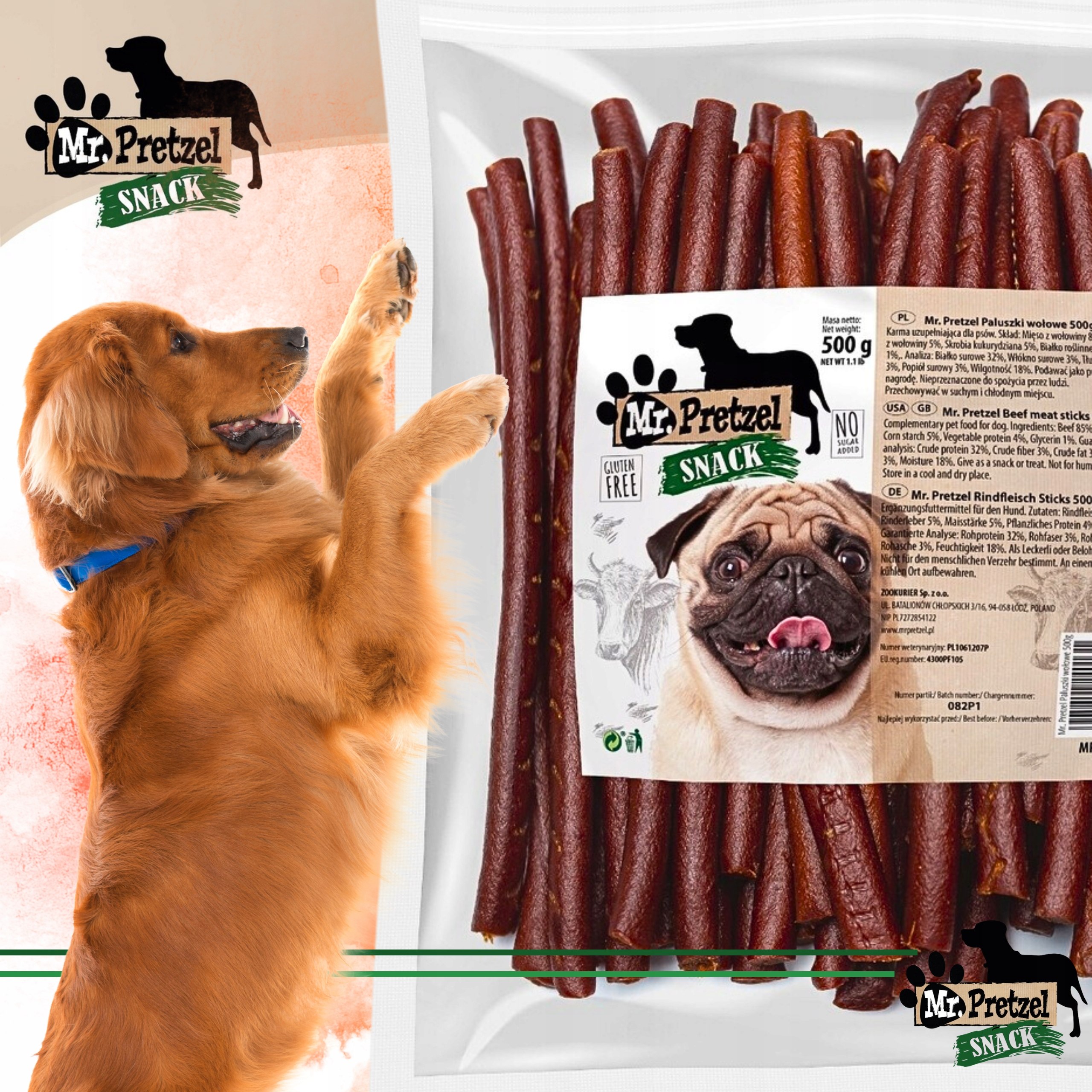 PRZYSMAK DLA PSA - Paluszki z Wołowiny Mr.Pretzel 500g ZDROWE PREMIUM Kod producenta MP-4013